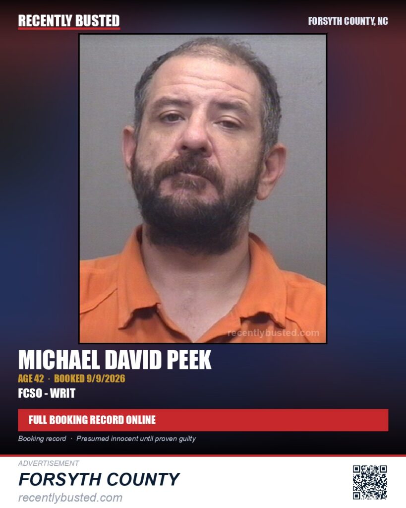 MICHAEL DAVID PEEK — arrest record card, Forsyth County, North Carolina
