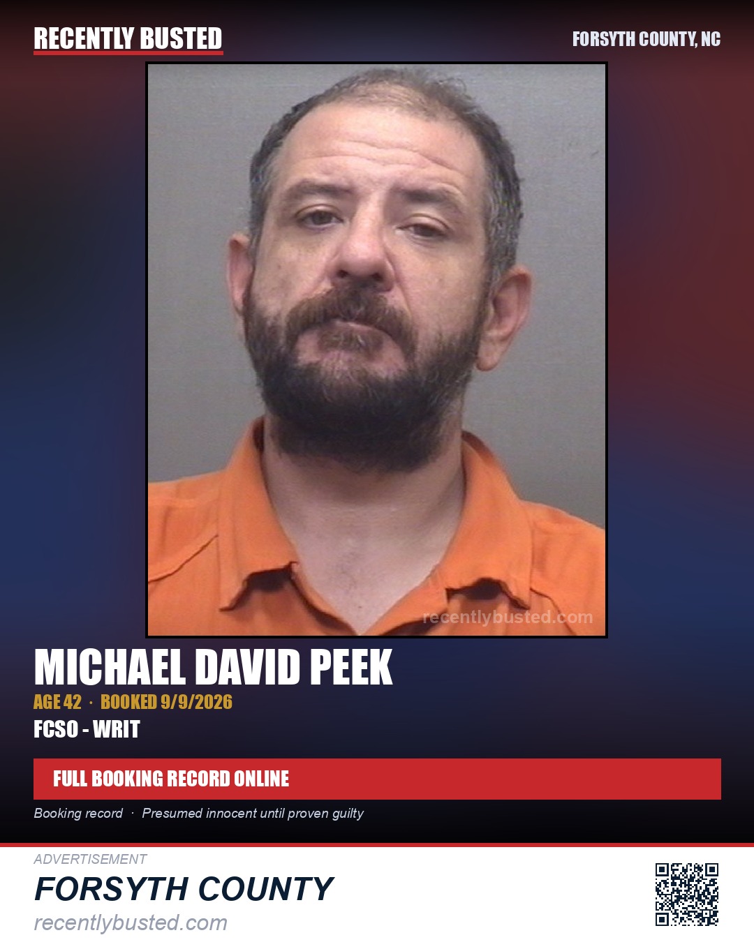 MICHAEL DAVID PEEK — arrest record card, Forsyth County, North Carolina