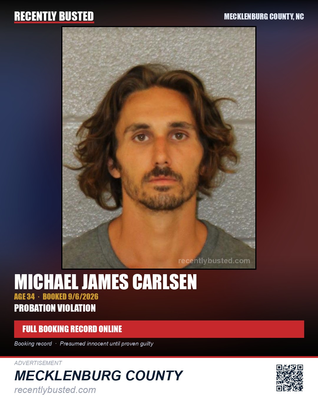 MICHAEL JAMES CARLSEN — arrest record card, Mecklenburg County, North Carolina