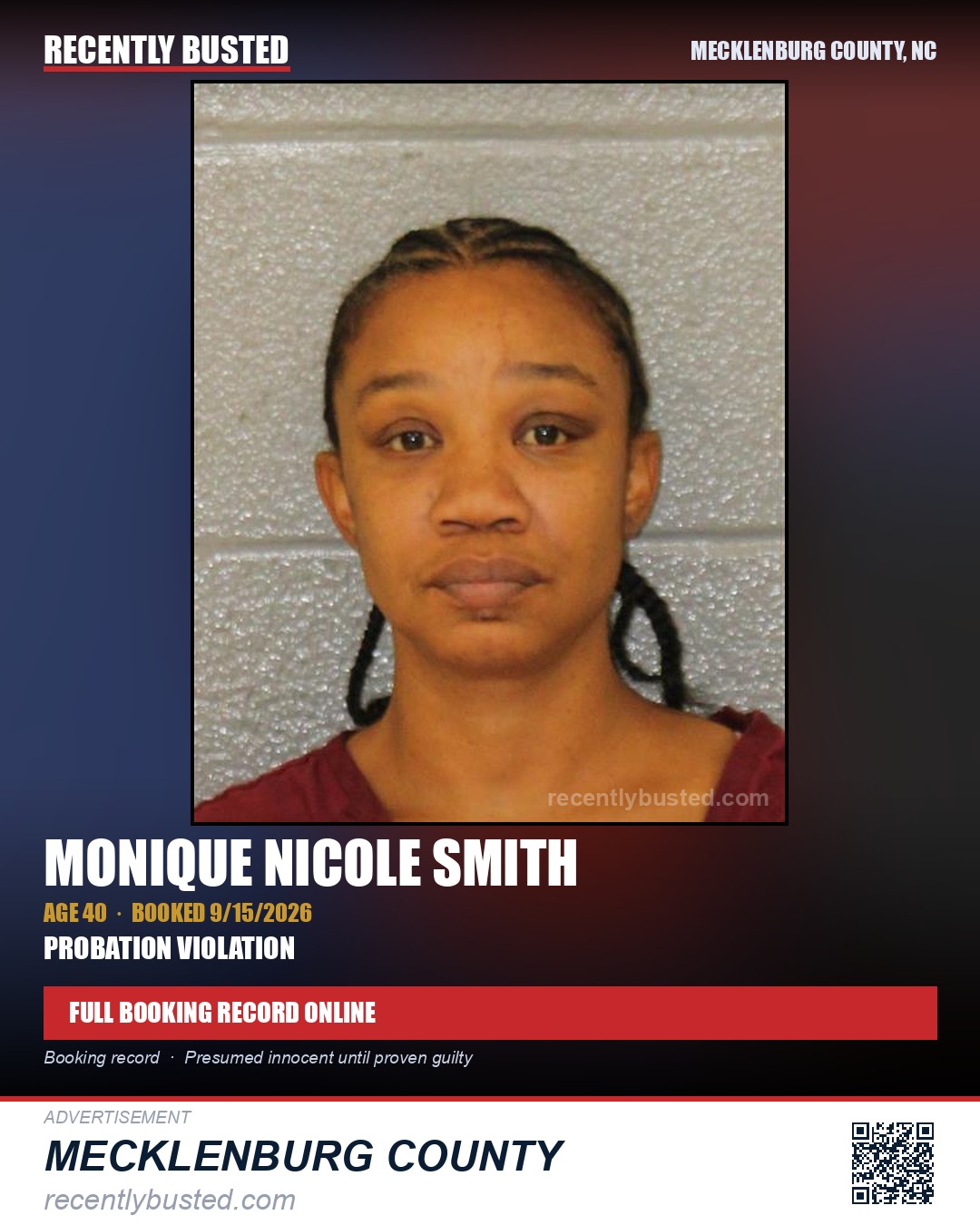 MONIQUE NICOLE SMITH — arrest record card, Mecklenburg County, North Carolina