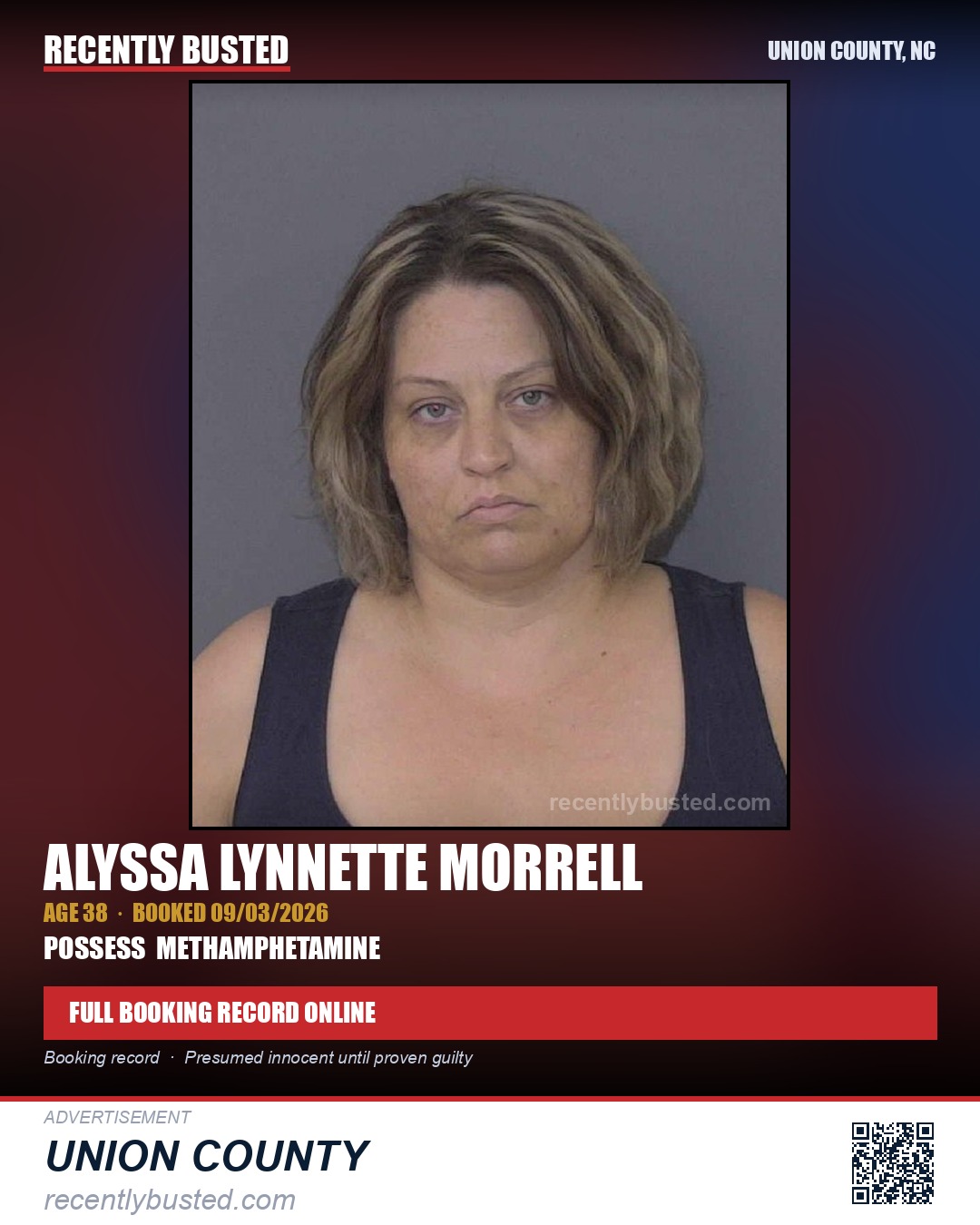 MORRELL, ALYSSA LYNNETTE — arrest record card, Union County, North Carolina