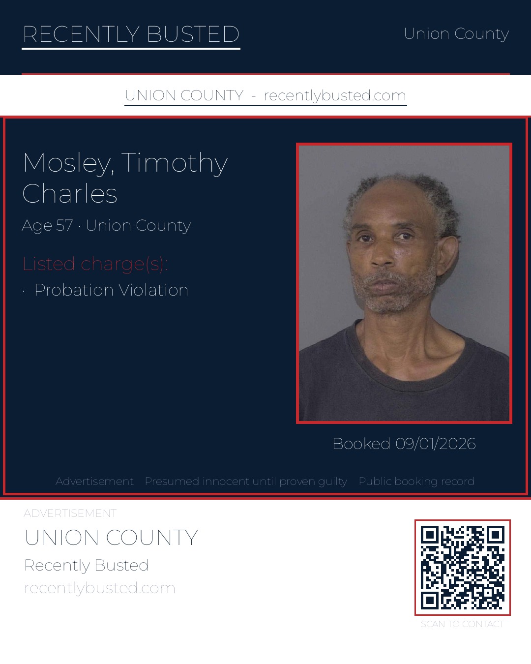 MOSLEY, TIMOTHY CHARLES — arrest record card, Union County, North Carolina