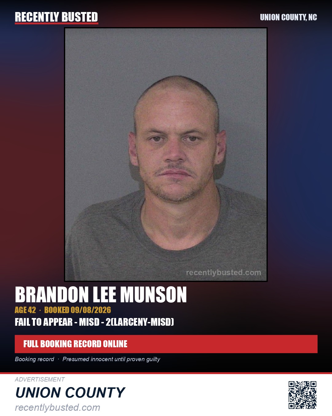 MUNSON, BRANDON LEE — arrest record card, Union County, North Carolina