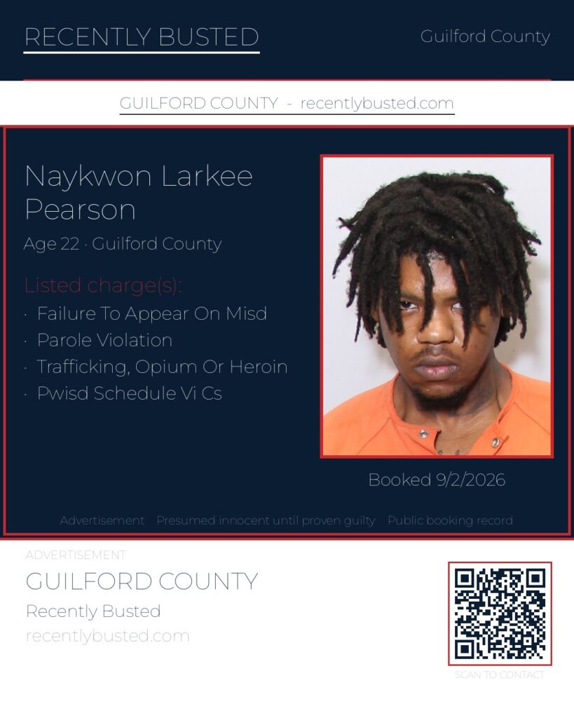 NAYKWON LARKEE PEARSON — arrest record card, Guilford County, North Carolina