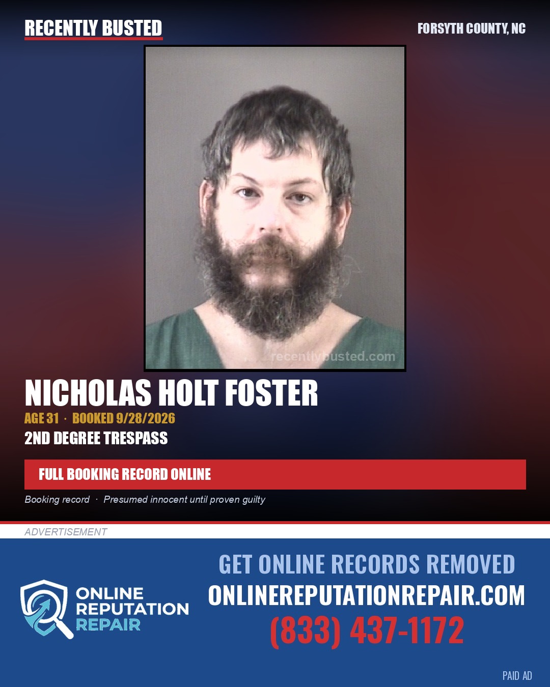 NICHOLAS HOLT FOSTER — arrest record card, Forsyth County, North Carolina