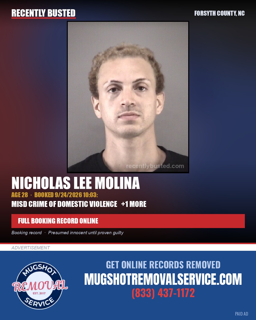 NICHOLAS LEE MOLINA — arrest record card, Forsyth County, North Carolina