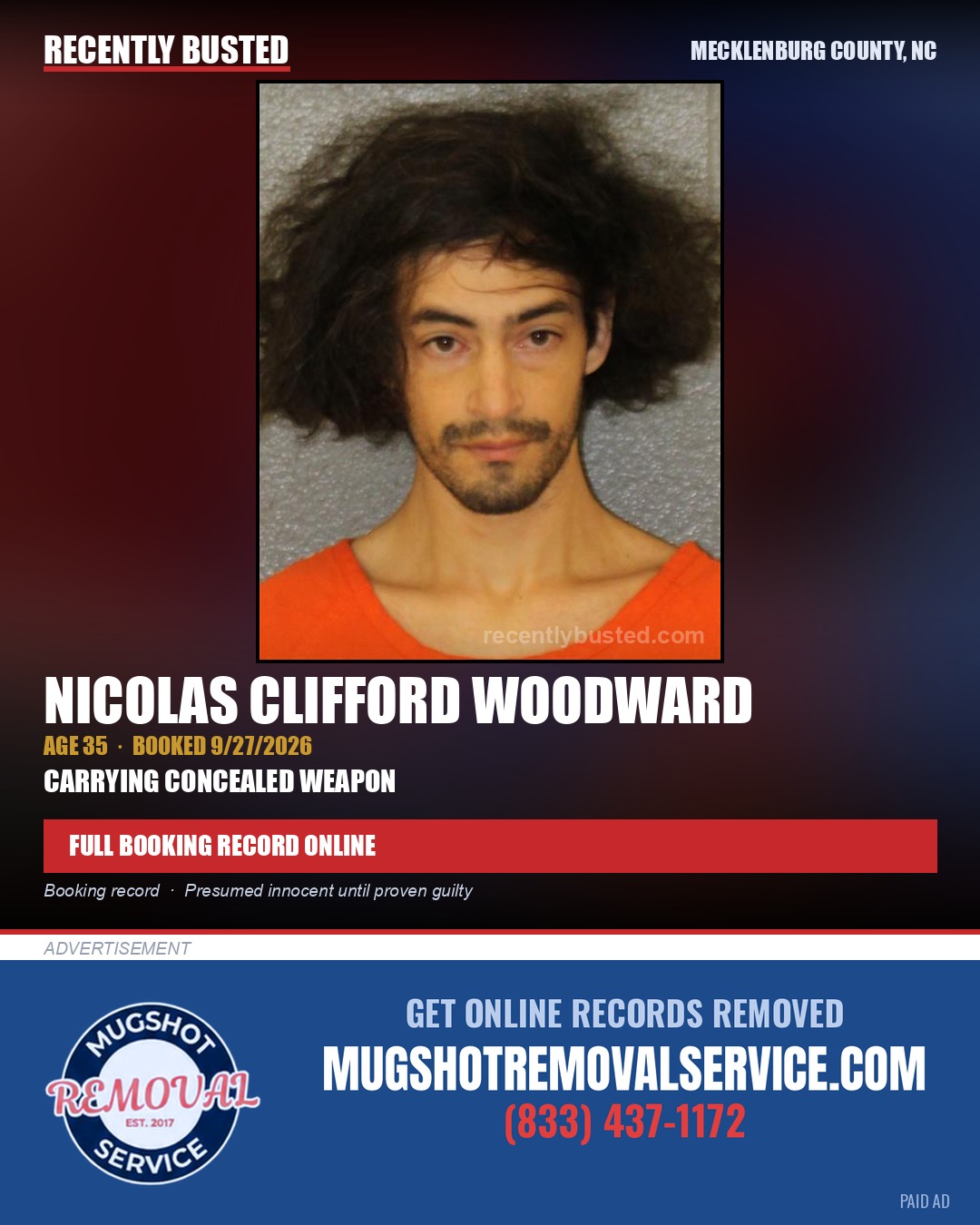 NICOLAS CLIFFORD WOODWARD — arrest record card, Mecklenburg County, North Carolina