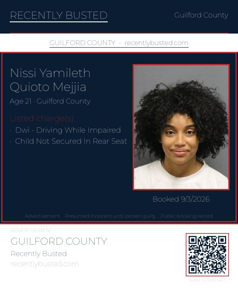 NISSI YAMILETH QUIOTO MEJJIA — arrest record card, Guilford County, North Carolina