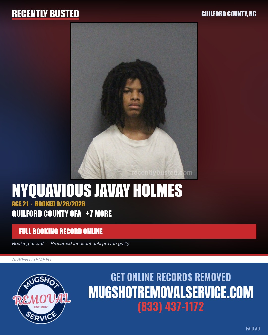 NYQUAVIOUS JAVAY HOLMES — arrest record card, Guilford County, North Carolina