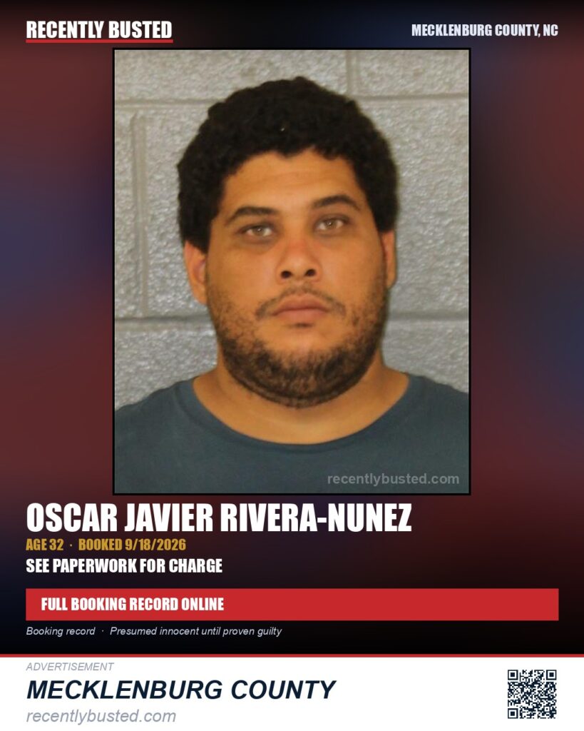 OSCAR JAVIER RIVERA-NUNEZ — arrest record card, Mecklenburg County, North Carolina