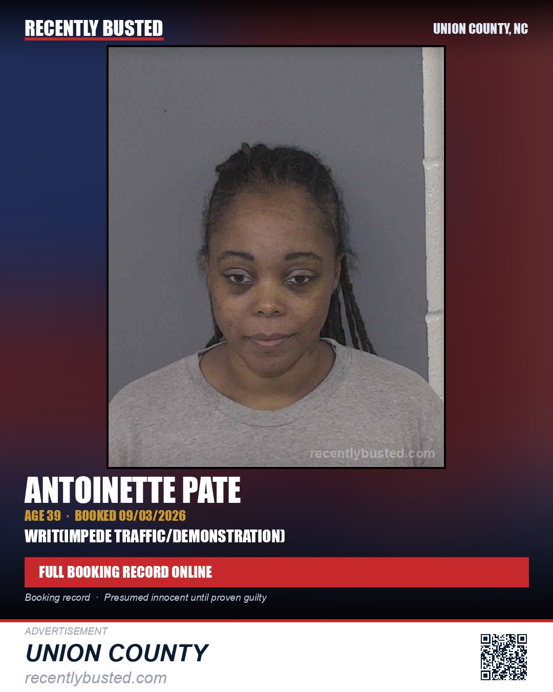 PATE, ANTOINETTE — arrest record card, Union County, North Carolina