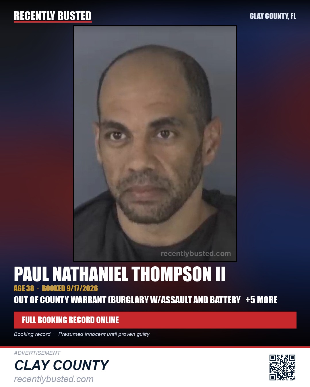 PAUL NATHANIEL THOMPSON II — arrest record card, Clay County, Florida