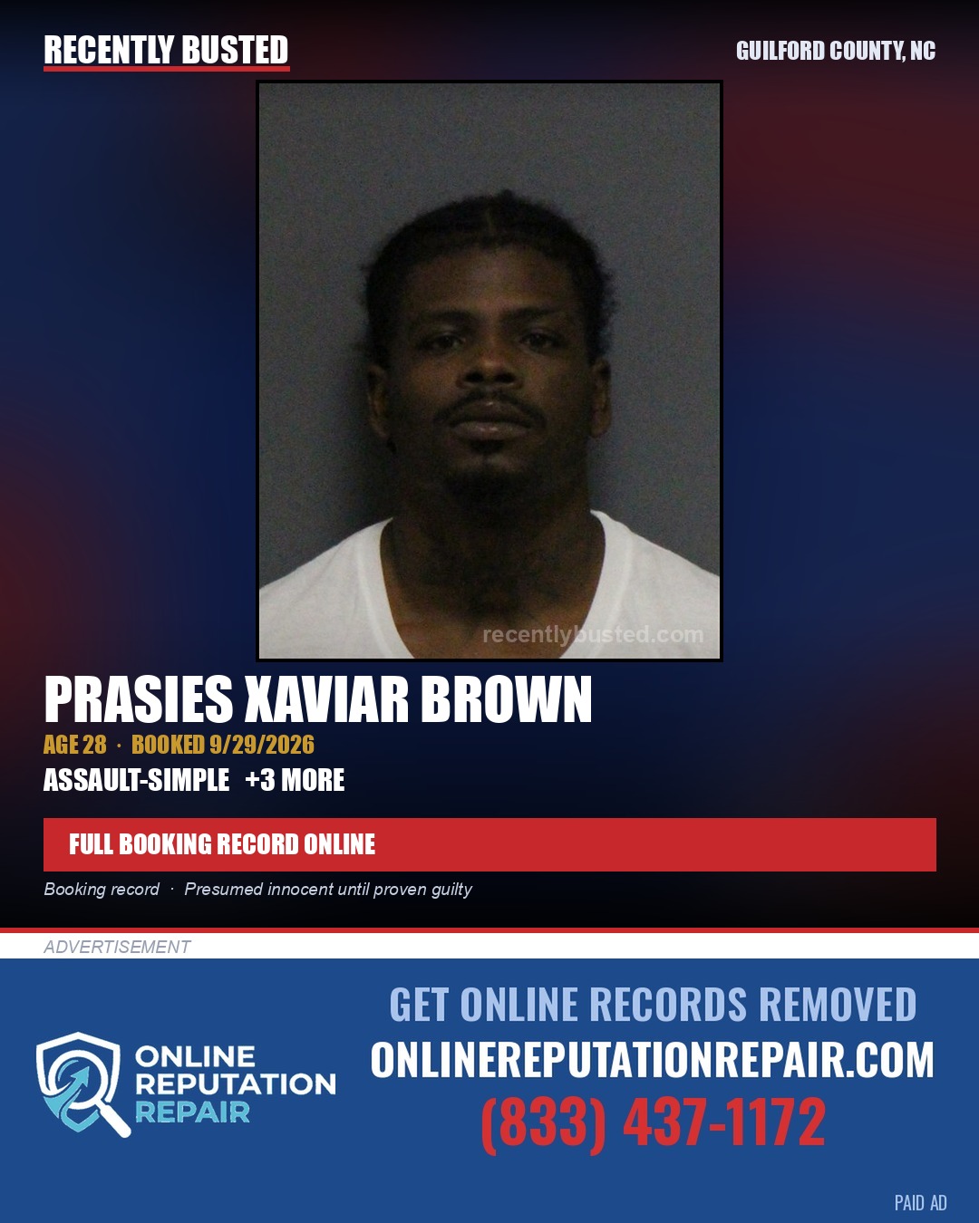 PRASIES XAVIAR BROWN — arrest record card, Guilford County, North Carolina
