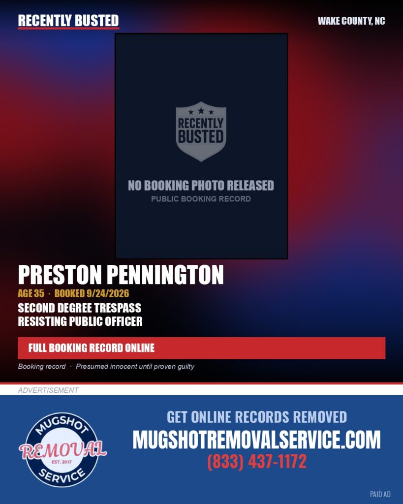 PRESTON PENNINGTON — arrest record card, Wake County, North Carolina