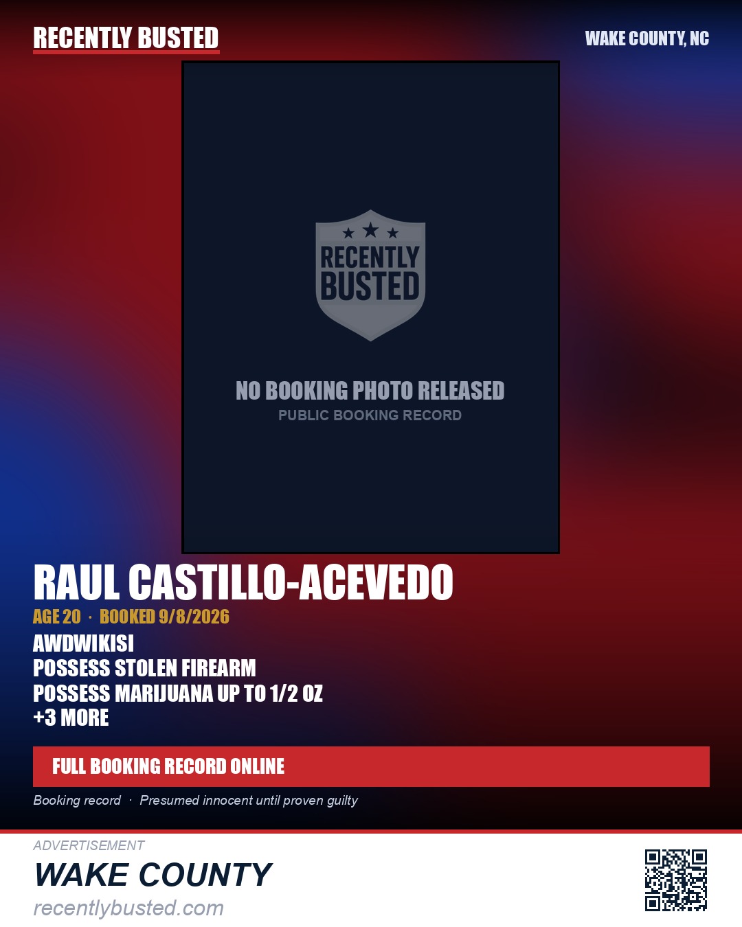 RAUL CASTILLO-ACEVEDO — arrest record card, Wake County, North Carolina