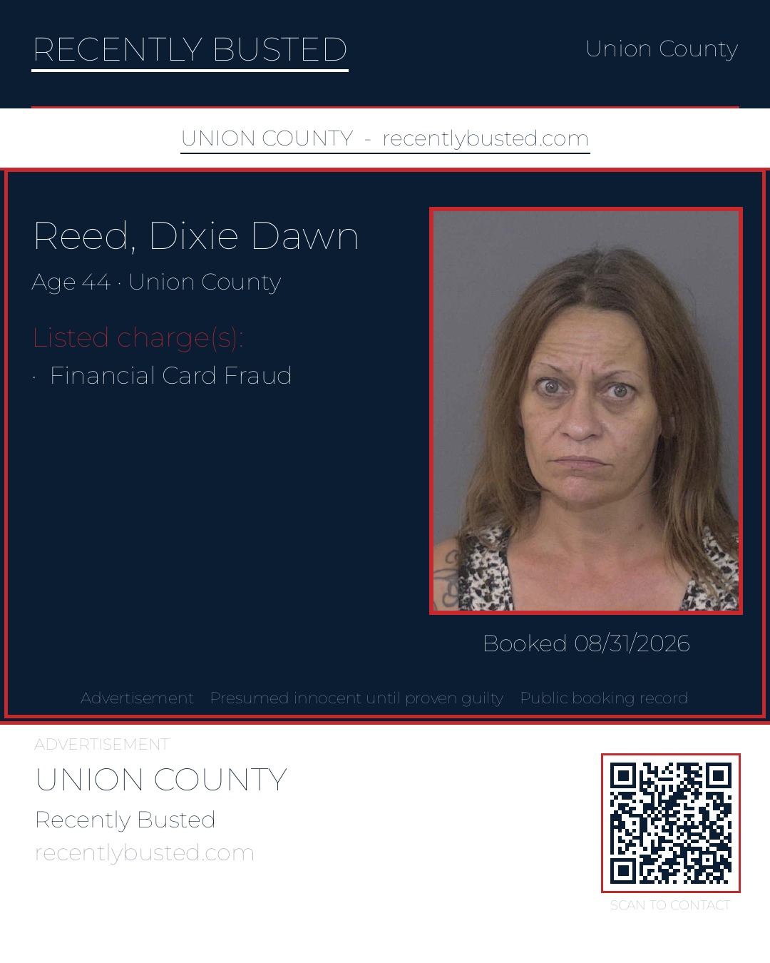 REED, DIXIE DAWN — arrest record card, Union County, North Carolina