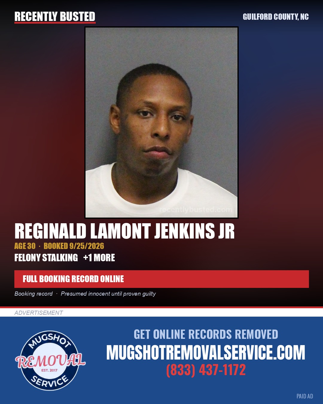 REGINALD LAMONT JENKINS JR — arrest record card, Guilford County, North Carolina