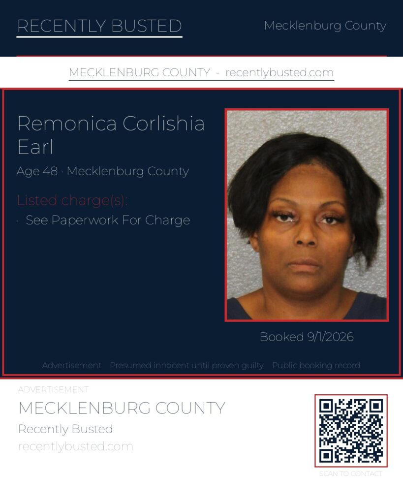 REMONICA CORLISHIA EARL — arrest record card, Mecklenburg County, North Carolina