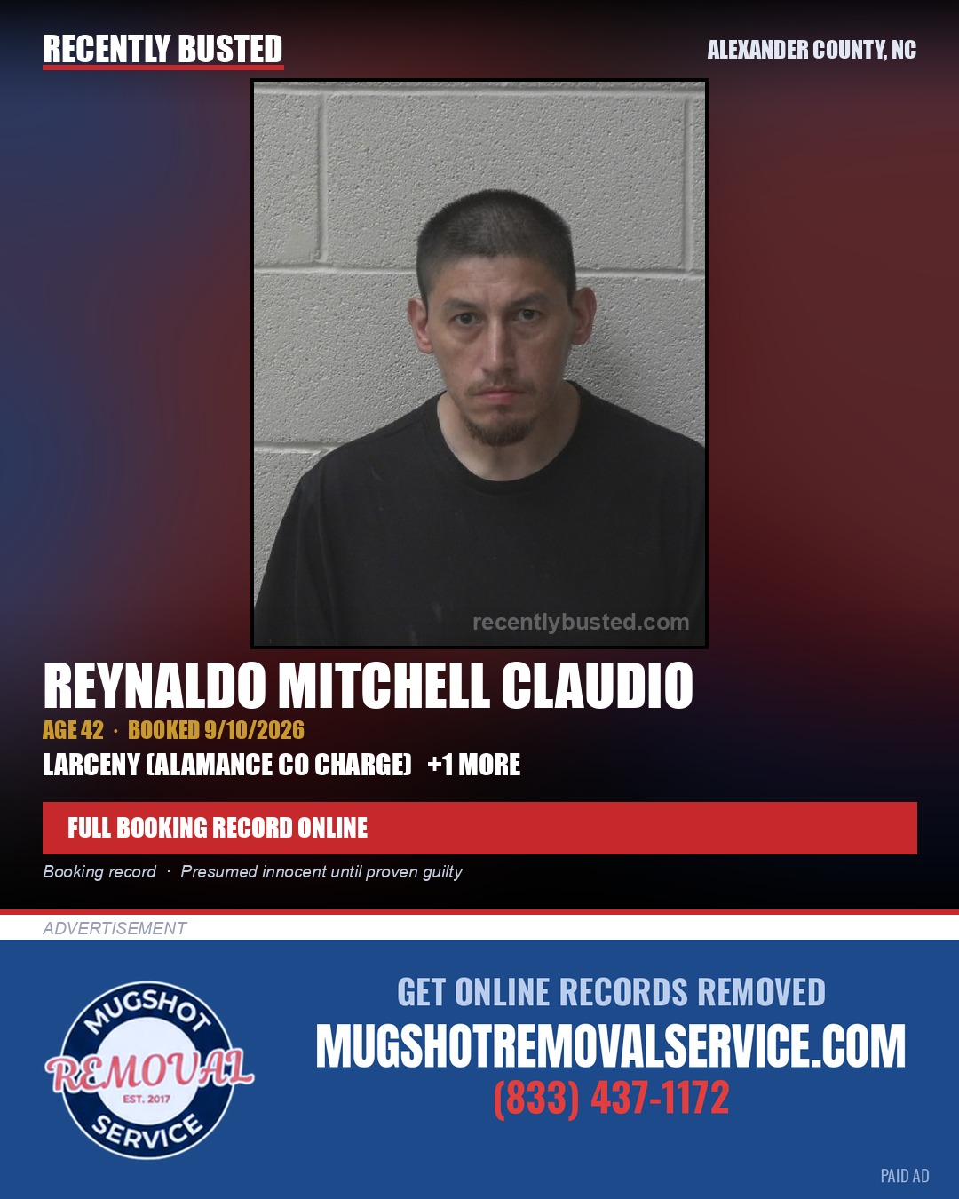 REYNALDO MITCHELL CLAUDIO — arrest record card, Alexander County, North Carolina