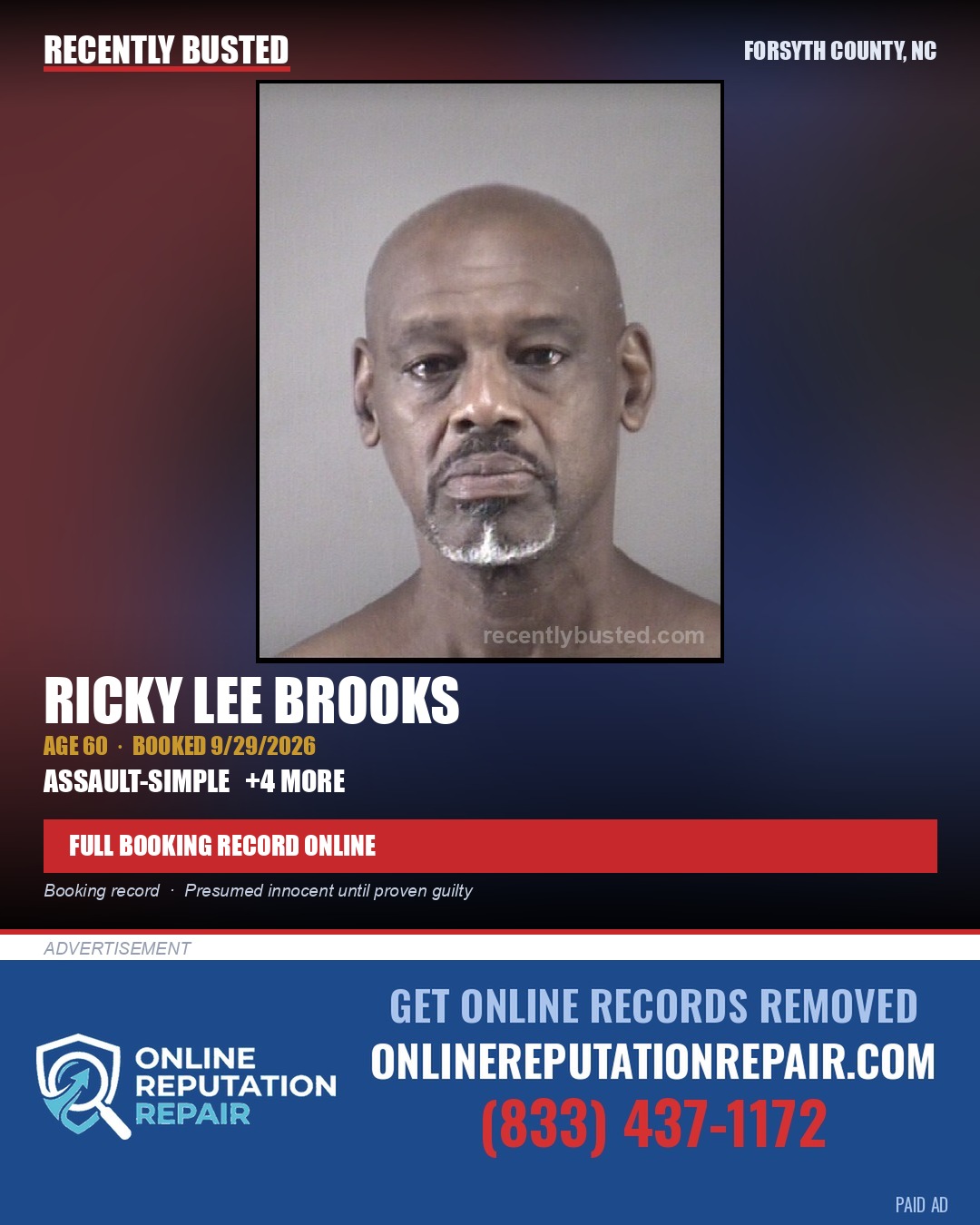 RICKY LEE BROOKS — arrest record card, Forsyth County, North Carolina