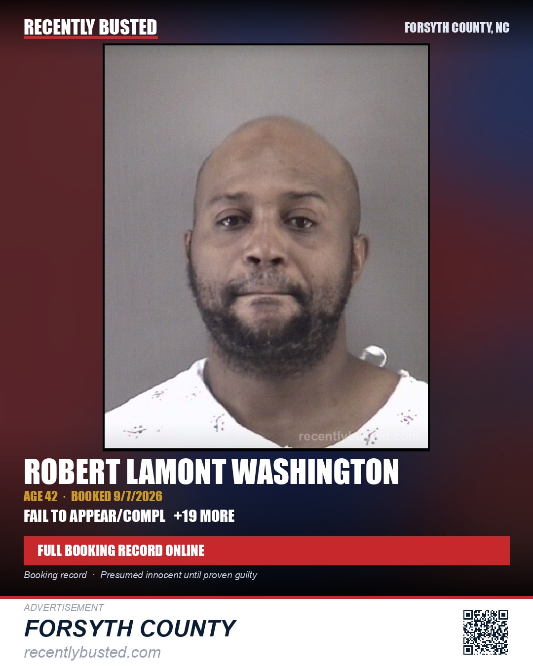 ROBERT LAMONT WASHINGTON — arrest record card, Forsyth County, North Carolina