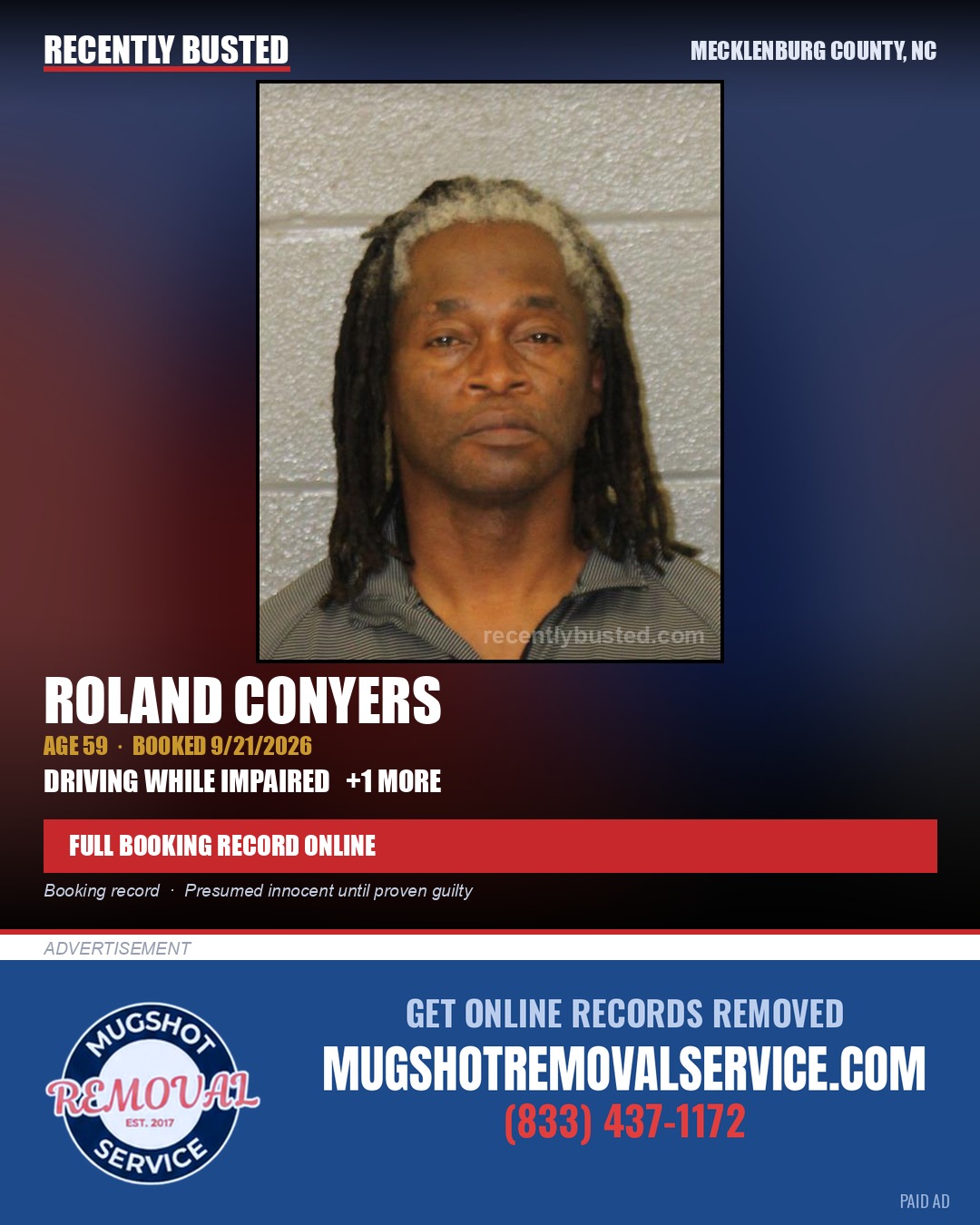 ROLAND CONYERS — arrest record card, Mecklenburg County, North Carolina