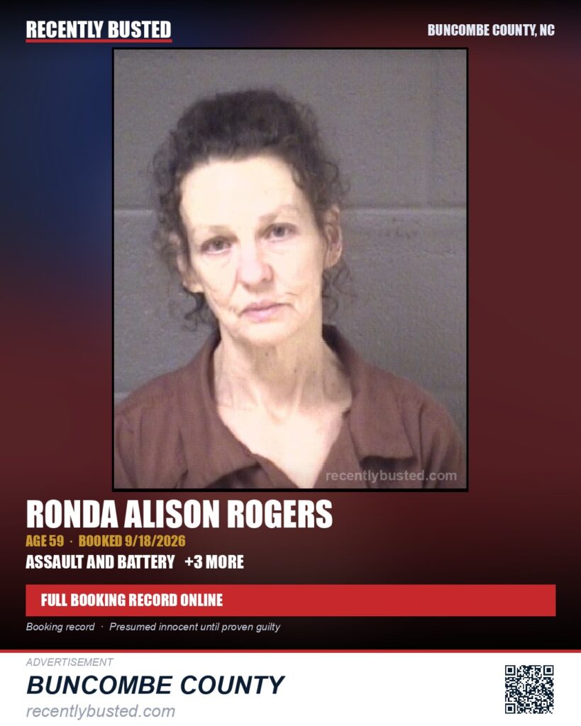 RONDA ALISON ROGERS — arrest record card, Buncombe County, North Carolina