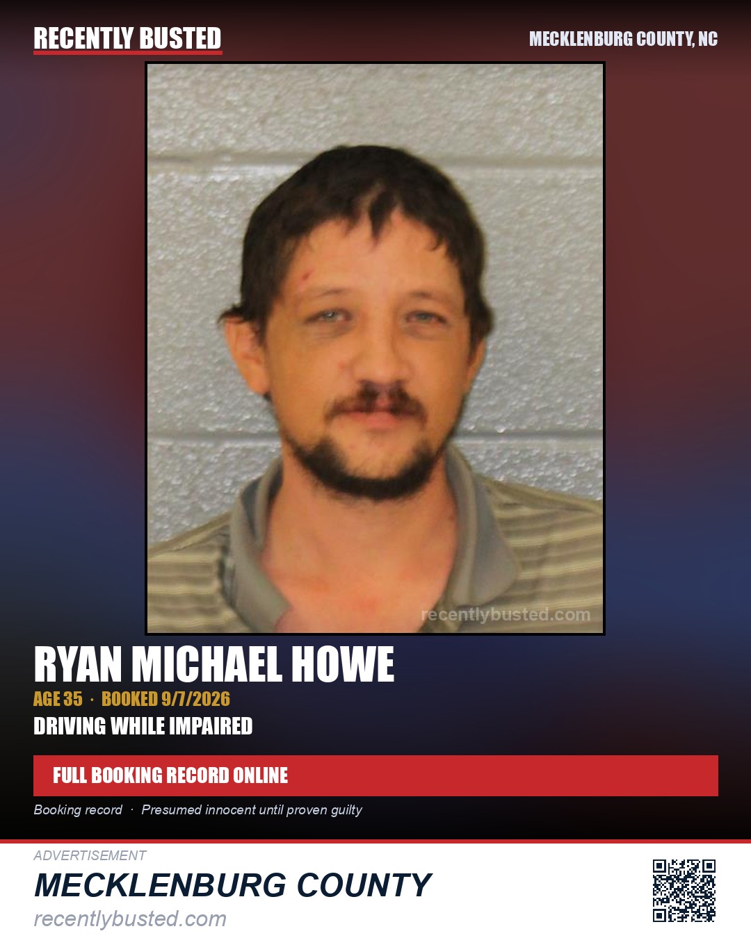 RYAN MICHAEL HOWE — arrest record card, Mecklenburg County, North Carolina