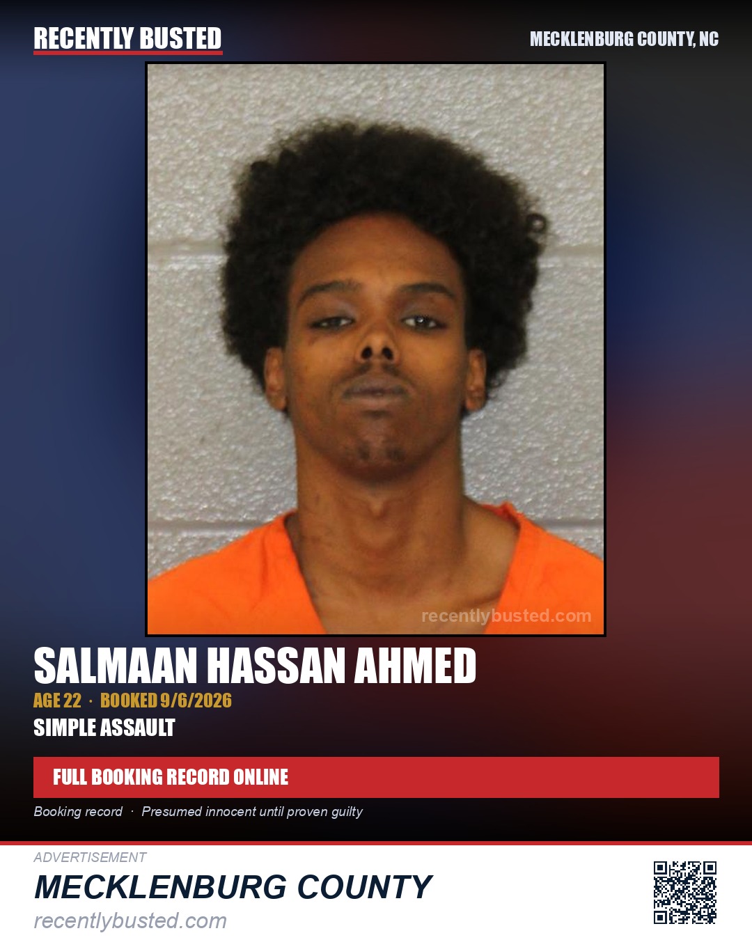 SALMAAN HASSAN AHMED — arrest record card, Mecklenburg County, North Carolina
