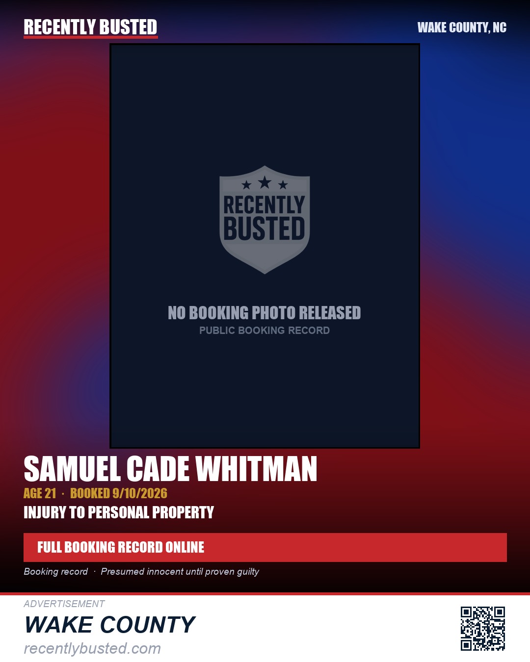 SAMUEL CADE WHITMAN — arrest record card, Wake County, North Carolina