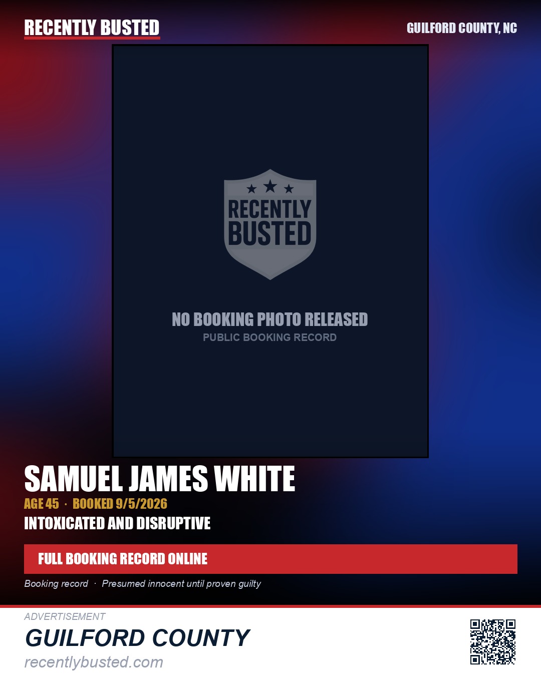 SAMUEL JAMES WHITE — arrest record card, Guilford County, North Carolina