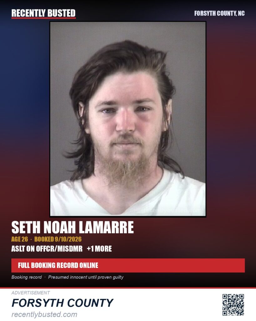 SETH NOAH LAMARRE — arrest record card, Forsyth County, North Carolina