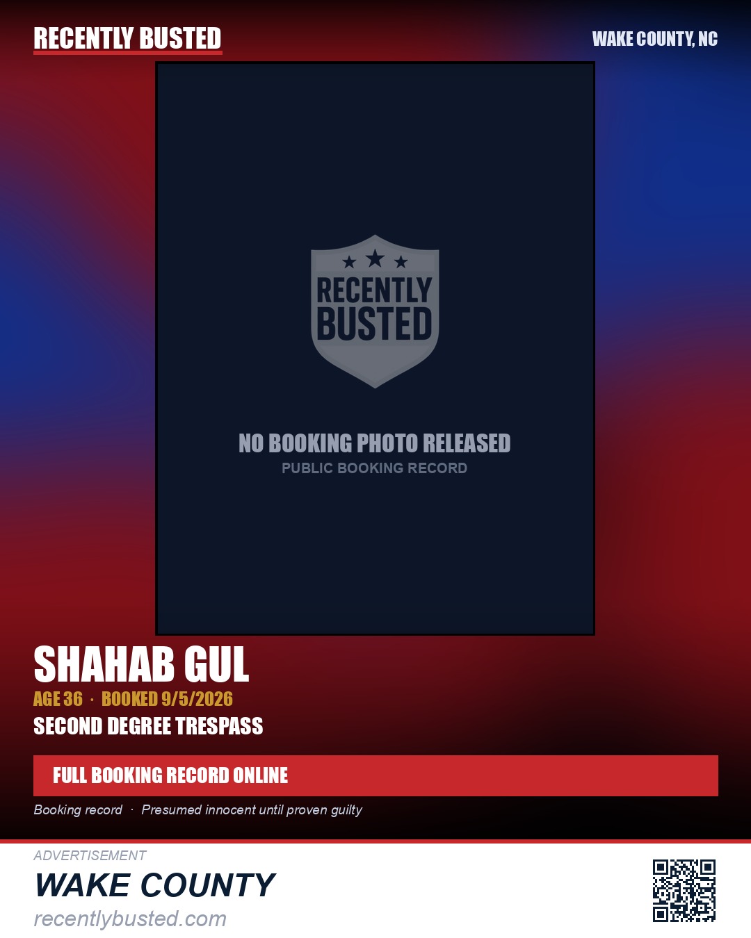 SHAHAB GUL — arrest record card, Wake County, North Carolina