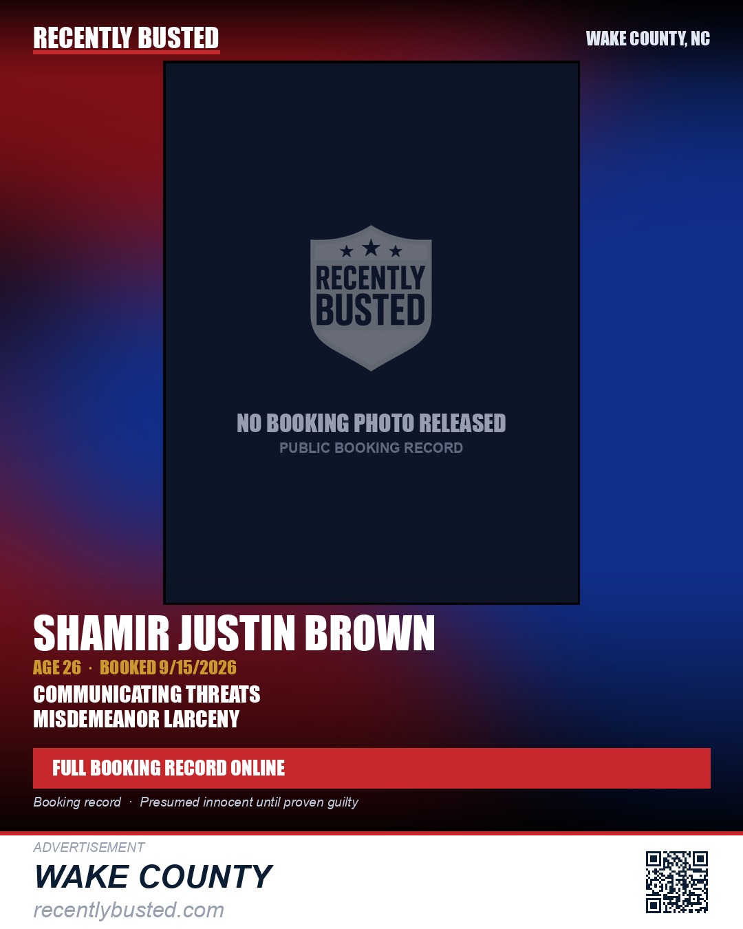 SHAMIR JUSTIN BROWN — arrest record card, Wake County, North Carolina