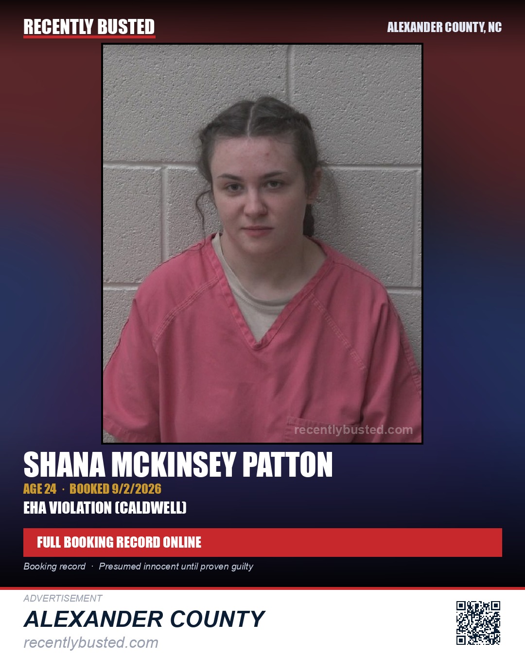 SHANA MCKINSEY PATTON — arrest record card, Alexander County, North Carolina