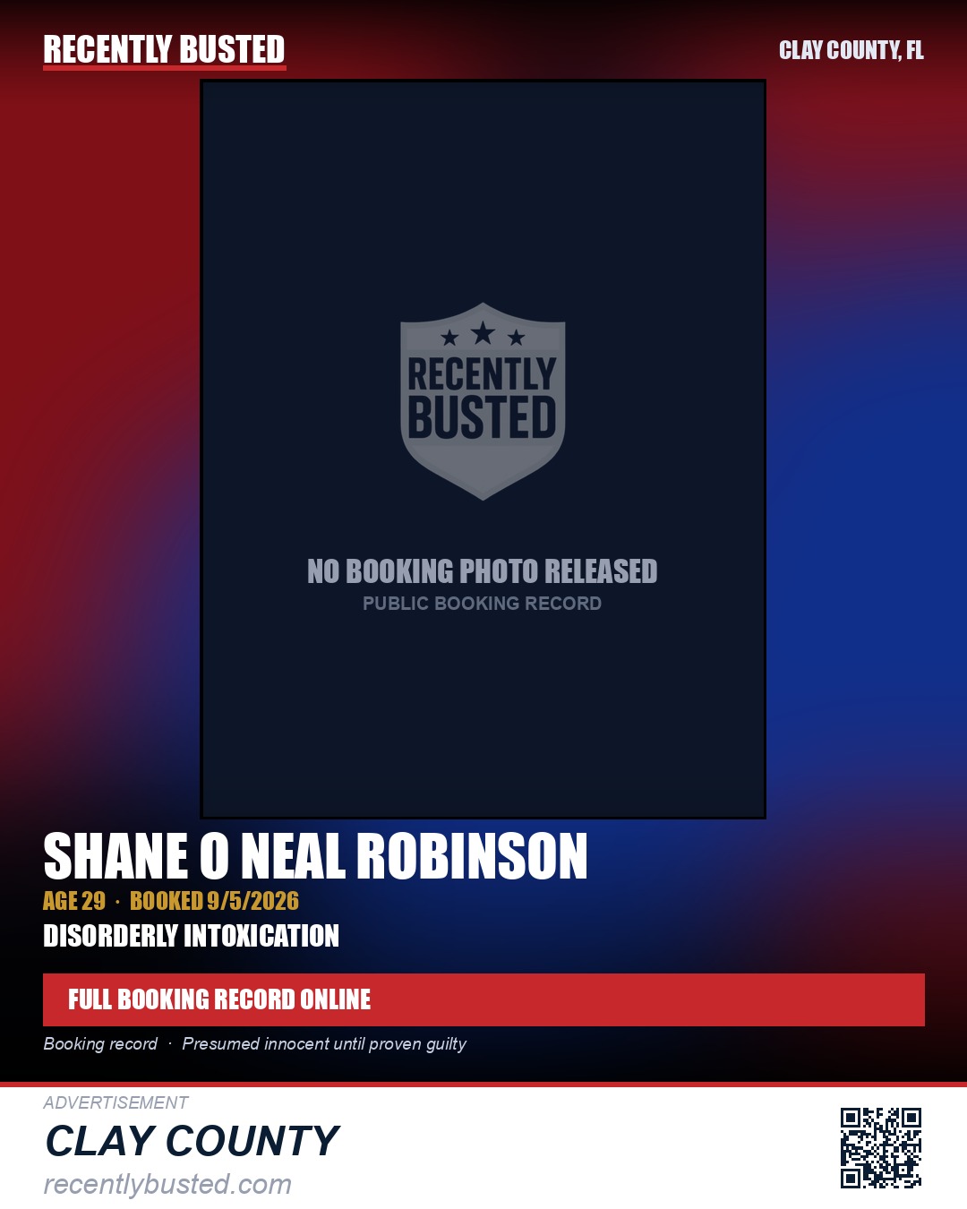 SHANE O NEAL ROBINSON — arrest record card, Clay County, Florida