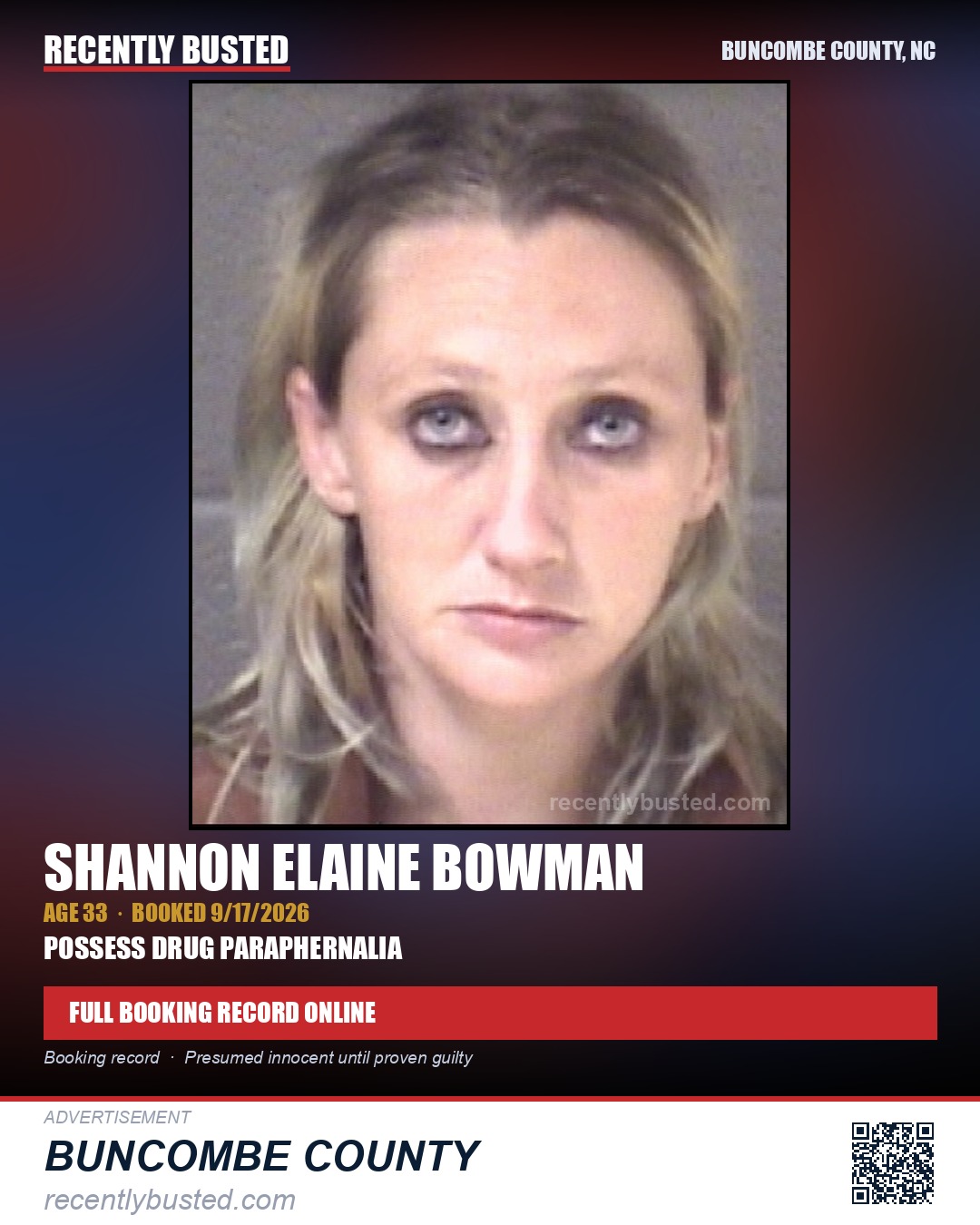 SHANNON ELAINE BOWMAN — arrest record card, Buncombe County, North Carolina