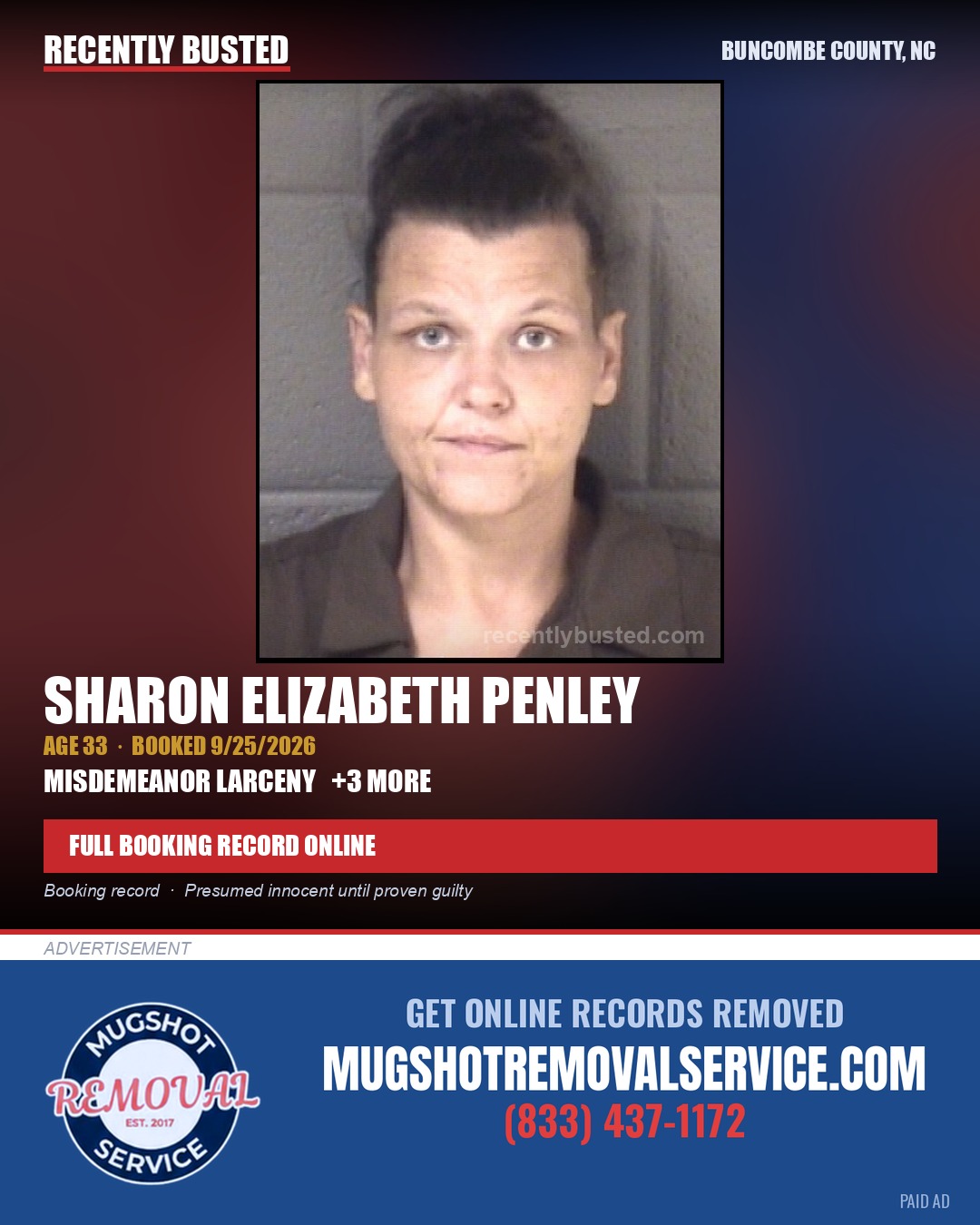 SHARON ELIZABETH PENLEY — arrest record card, Buncombe County, North Carolina