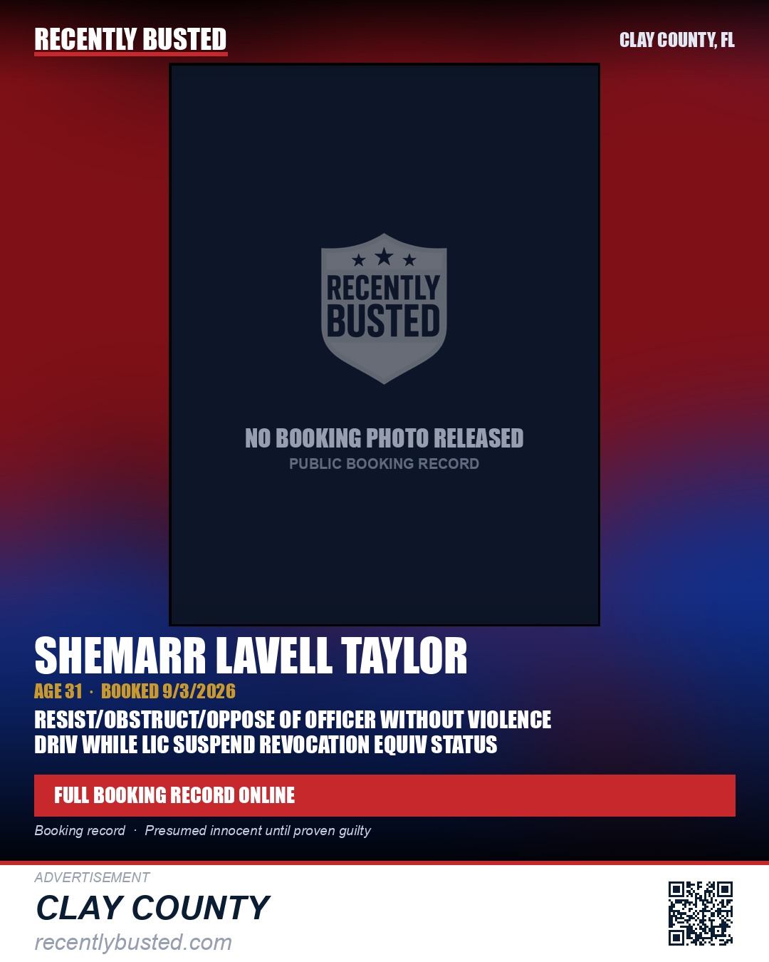 SHEMARR LAVELL TAYLOR — arrest record card, Clay County, Florida