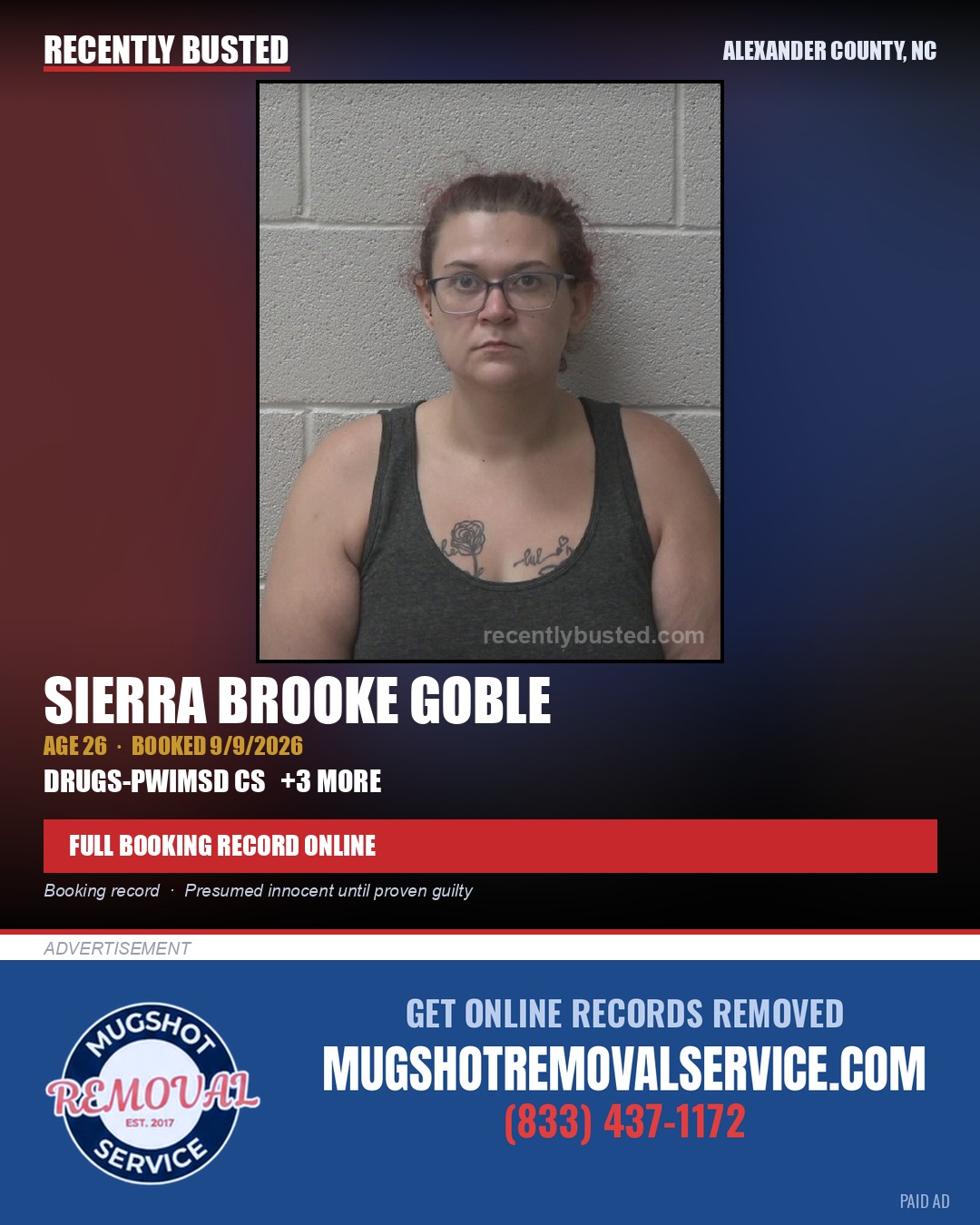 SIERRA BROOKE GOBLE — arrest record card, Alexander County, North Carolina