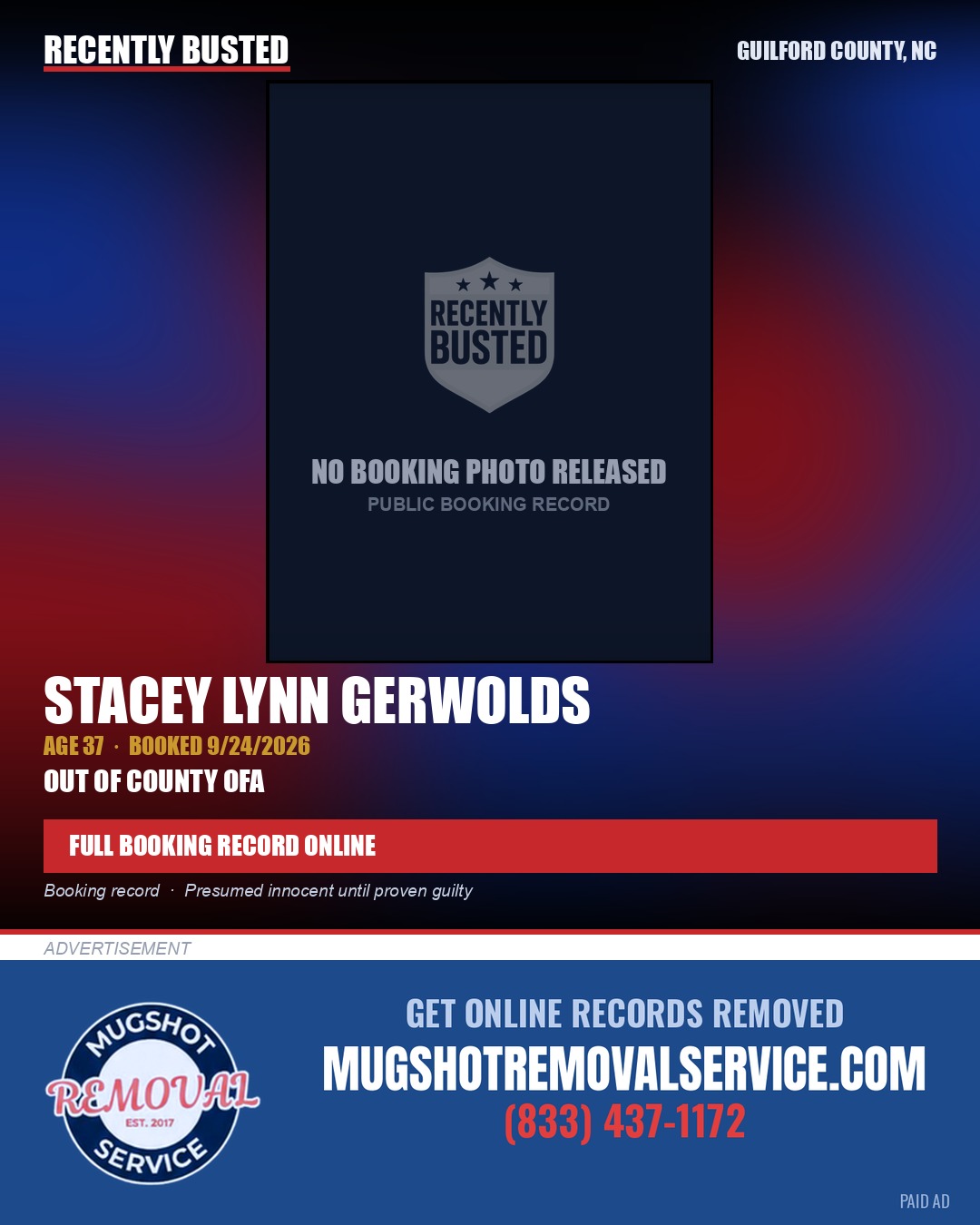STACEY LYNN GERWOLDS — arrest record card, Guilford County, North Carolina