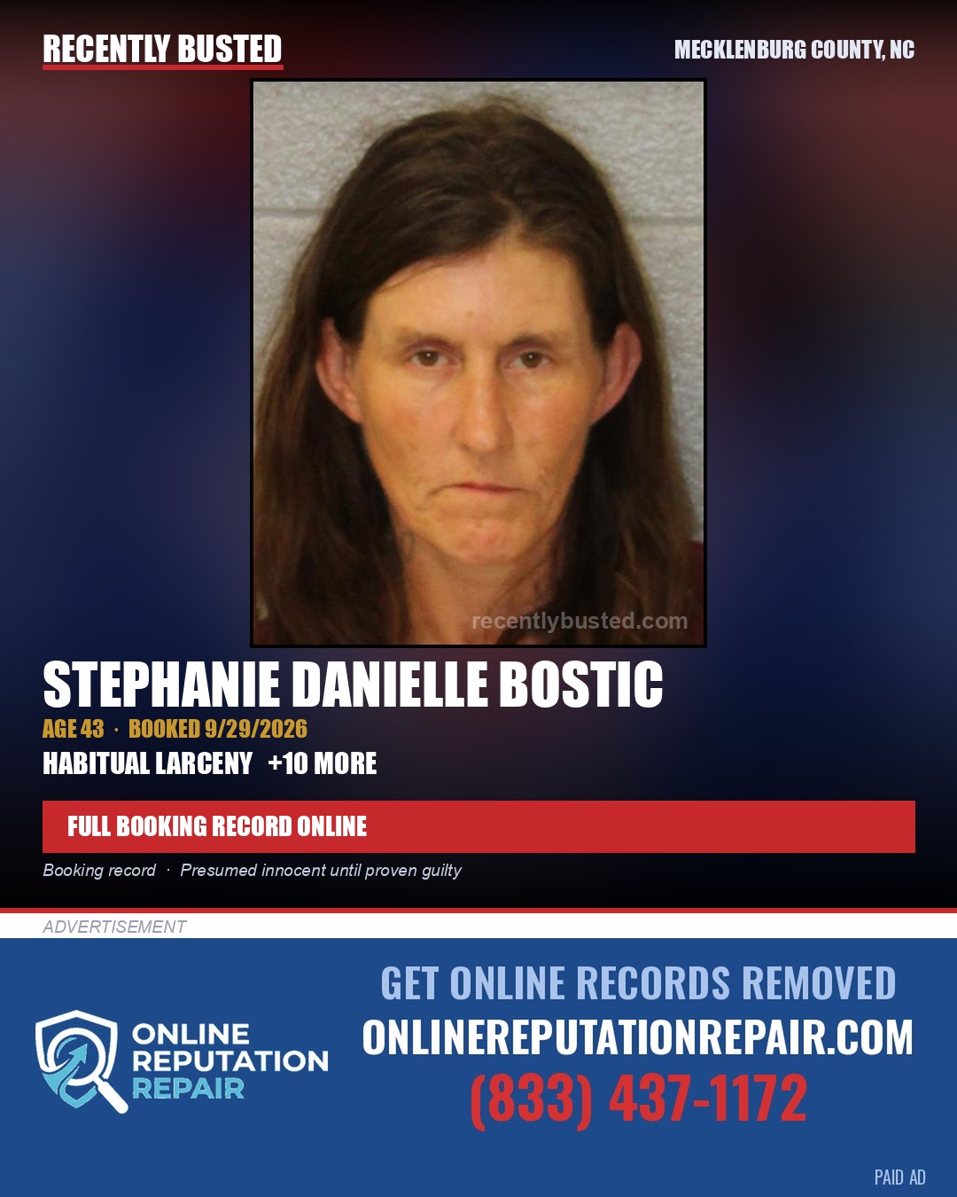 STEPHANIE DANIELLE BOSTIC — arrest record card, Mecklenburg County, North Carolina