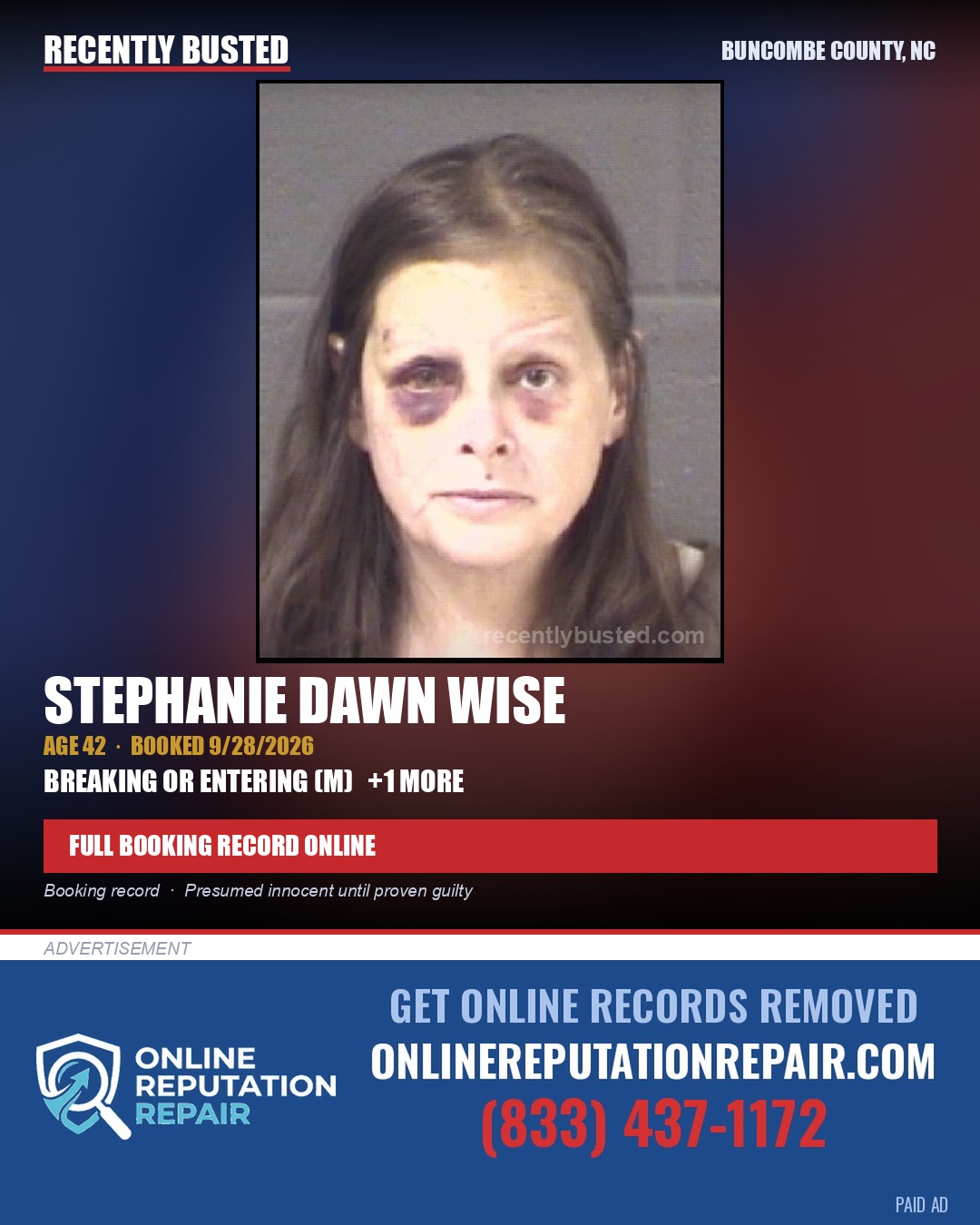 STEPHANIE DAWN WISE — arrest record card, Buncombe County, North Carolina