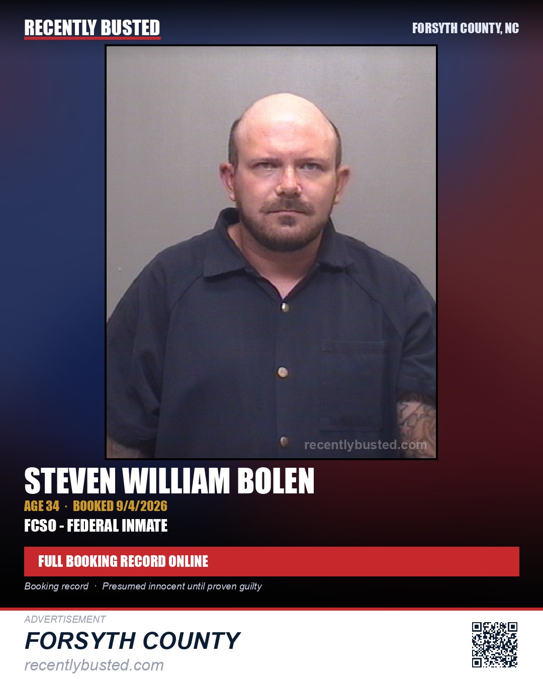 STEVEN WILLIAM BOLEN — arrest record card, Forsyth County, North Carolina
