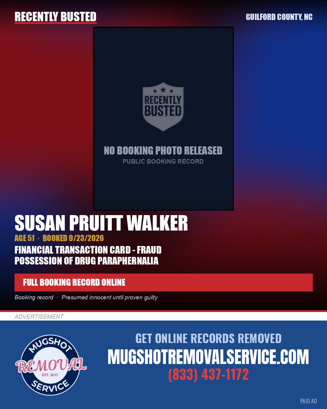 SUSAN PRUITT WALKER — arrest record card, Guilford County, North Carolina