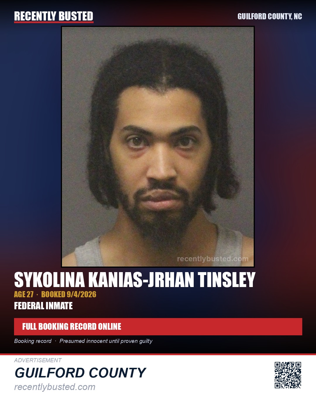 SYKOLINA KANIAS-JRHAN TINSLEY — arrest record card, Guilford County, North Carolina
