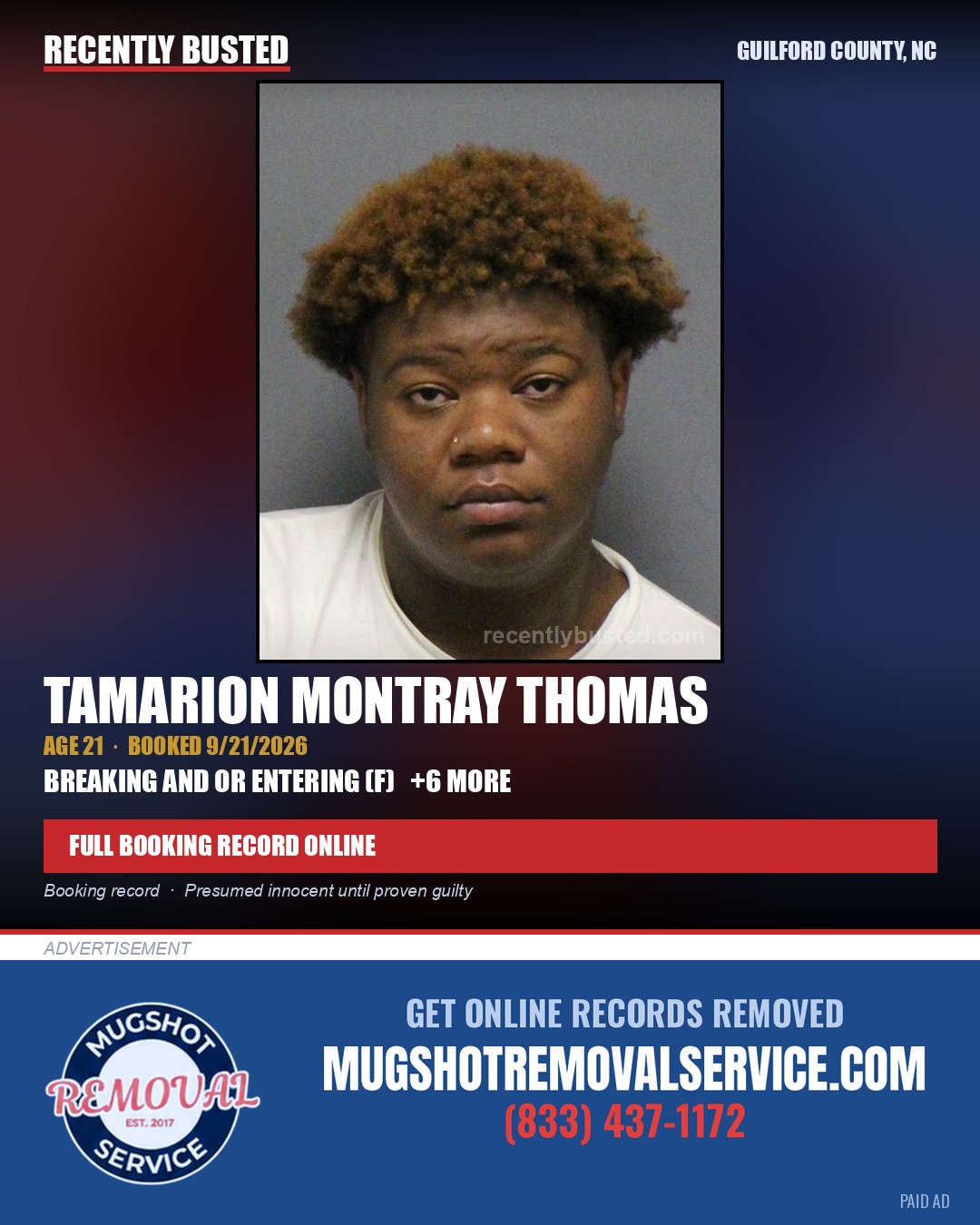 TAMARION MONTRAY THOMAS — arrest record card, Guilford County, North Carolina