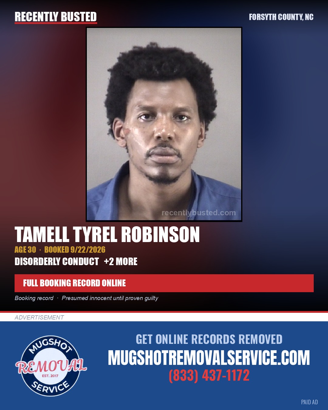TAMELL TYREL ROBINSON — arrest record card, Forsyth County, North Carolina