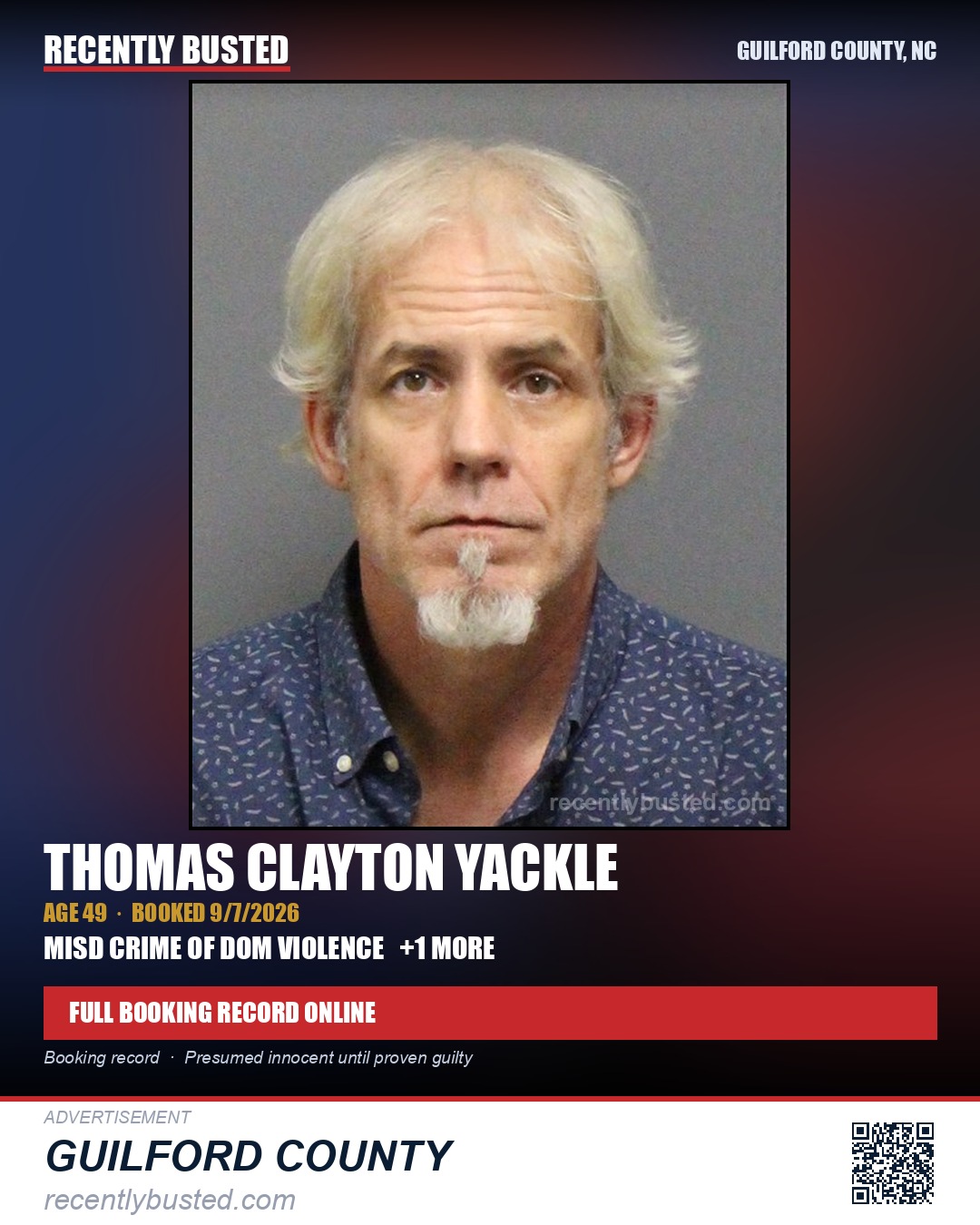 THOMAS CLAYTON YACKLE — arrest record card, Guilford County, North Carolina