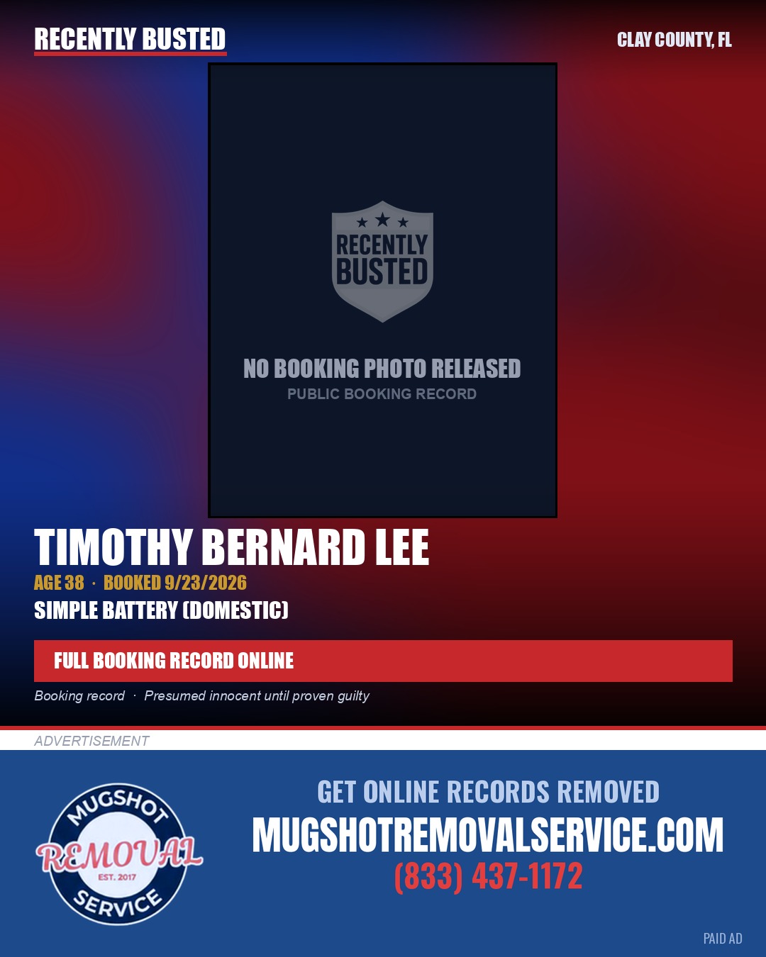 TIMOTHY BERNARD LEE — arrest record card, Clay County, Florida